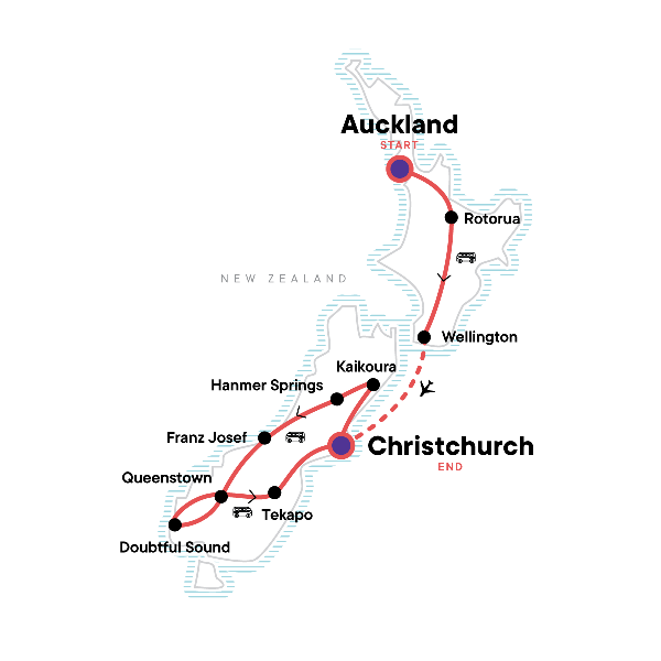 Map: Highlights of New Zealand (G Adventures)