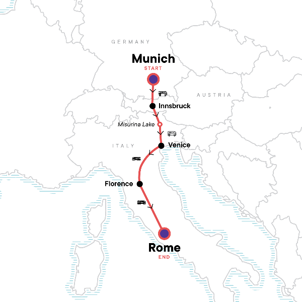 Map: Western and Central Europe: Venice, the Alps & the Flavours of Rome (G Adventures)