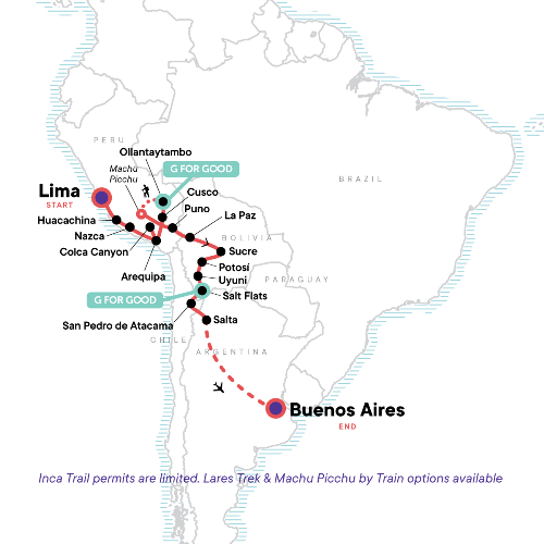 Map: Lima to Buenos Aires: Deserts & Dancing (G Adventures)