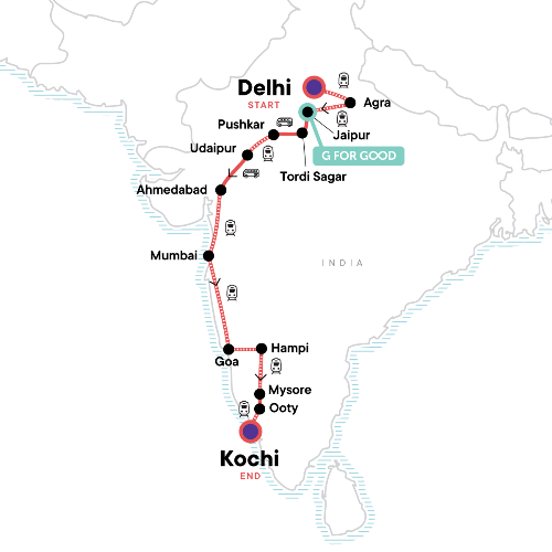 Map: Delhi to Kochi: Hampi Ruins & The Taj Mahal (G Adventures)