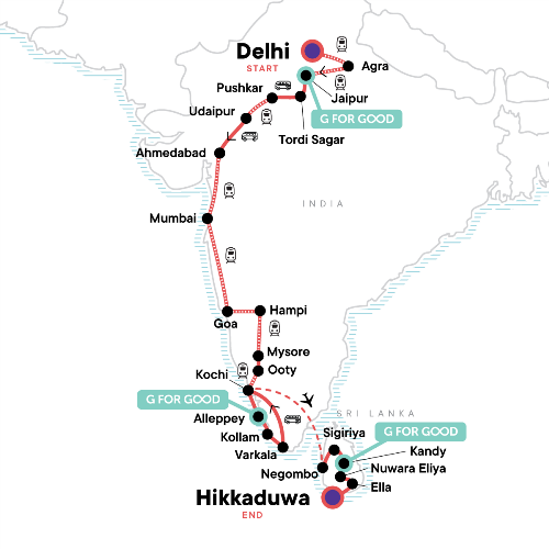 Map: India to Sri Lanka: The Taj Mahal & Beach Bar Crawls (G Adventures)