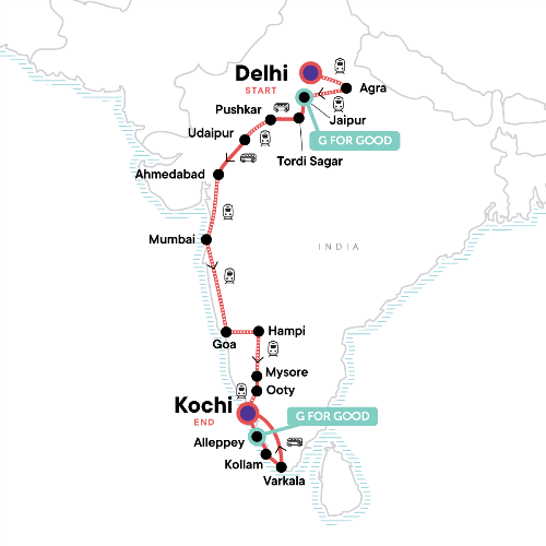 Map: India North to South: Goa & The Golden Triangle (G Adventures)