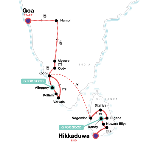 Map: India to Sri Lanka: Spice Gardens & Goa's Beaches (G Adventures)