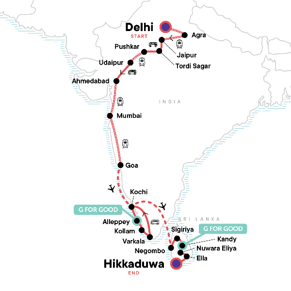 Map: India to Sri Lanka: The Pink City & Spice Gardens (G Adventures)