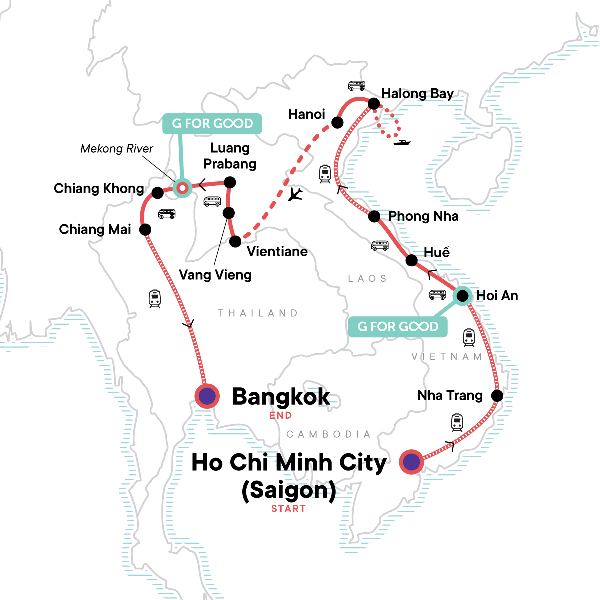 Map: Vietnam, Laos & Thailand: Riversides & Railways (G Adventures)