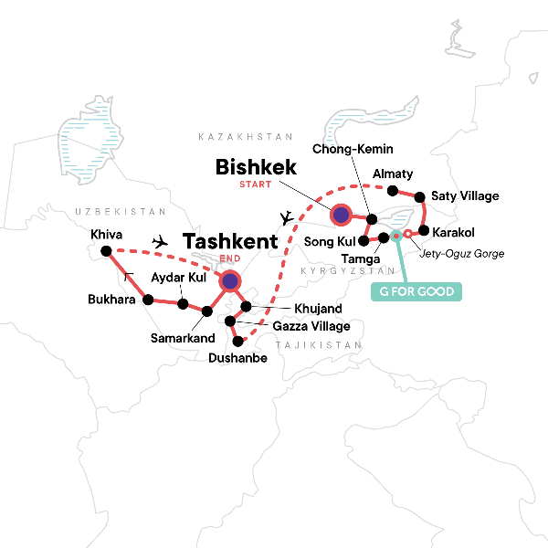 Map: Multi-Stan Adventure - Bishkek to Tashkent (G Adventures)