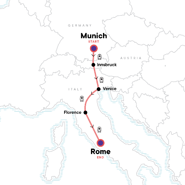 Map: Western and Central Europe: Venice, the Alps & the Flavours of Rome (G Adventures)