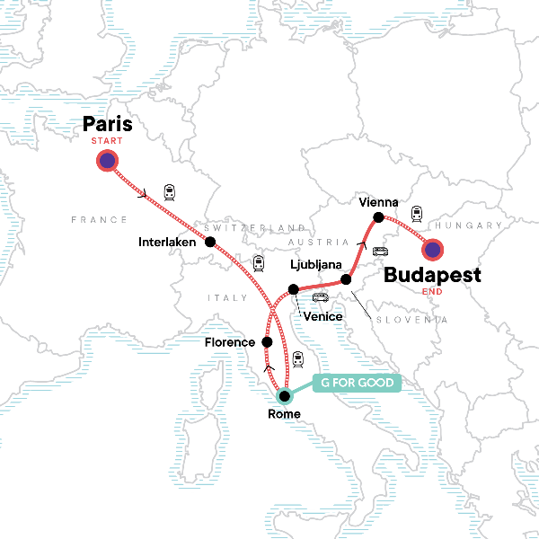Map: Paris to Budapest: Famous Sites & Tasty Bites (G Adventures)