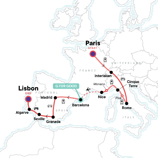 Map: Paris to the Mediterranean: Coasts & Cafés (G Adventures)