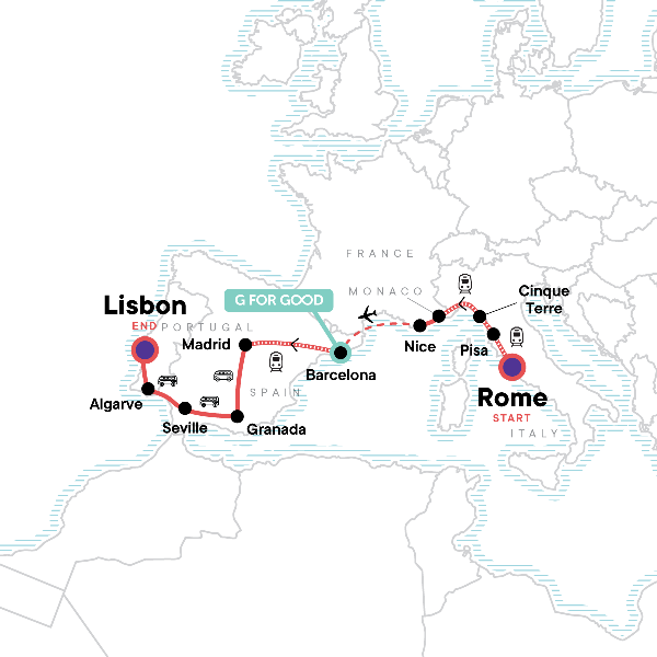 Map: Rome to Lisbon: Coasts & Countryside (G Adventures)