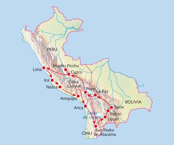 Map: Rondreis PERU, BOLIVIA & CHILI - 30 dagen; Weidse altiplano (Koning Aap)
