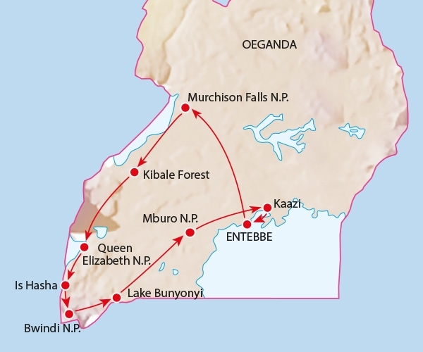 Map: Rondreis OEGANDA - 16 dagen; Parel van Afrika (Koning Aap)