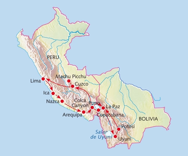Map: Rondreis PERU & BOLIVIA - 25 dagen; Zoutvlakte en zandwoestijn (Koning Aap)