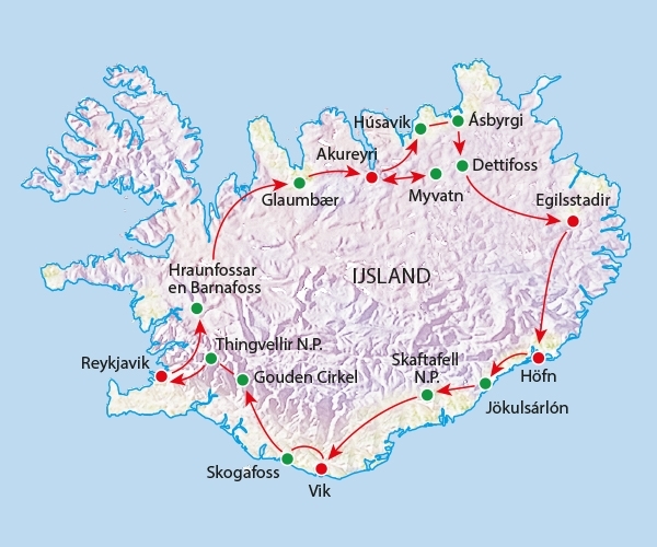 Map: Rondreis IJSLAND KORT; De highlights van IJsland (Koning Aap)