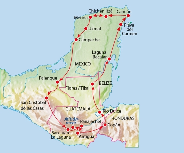 Map: Rondreis MEXICO, GUATEMALA & HONDURAS - 24 dagen; Schatten langs de Mayaroute (Koning Aap)