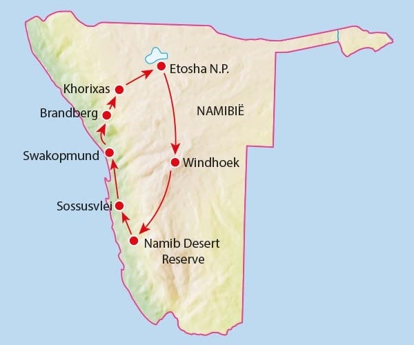 Map: Rondreis NAMIBIË - Internationale Groepsreis - 14 dagen; Hoogtepunten van Namibië (Koning Aap)