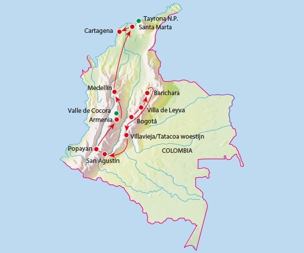 Map: Rondreis COLOMBIA - 21 dagen; Verrassend, gastvrij en onbekend (Koning Aap)