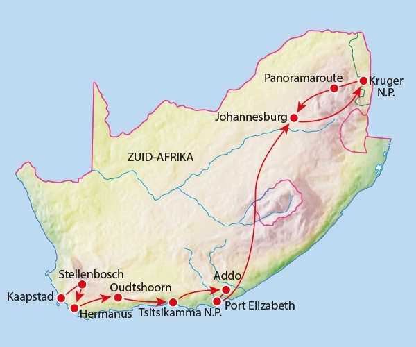 Map: Rondreis ZUID-AFRIKA KORT - 15 dagen; Hoogtepunten van Zuid-Afrika (Koning Aap)