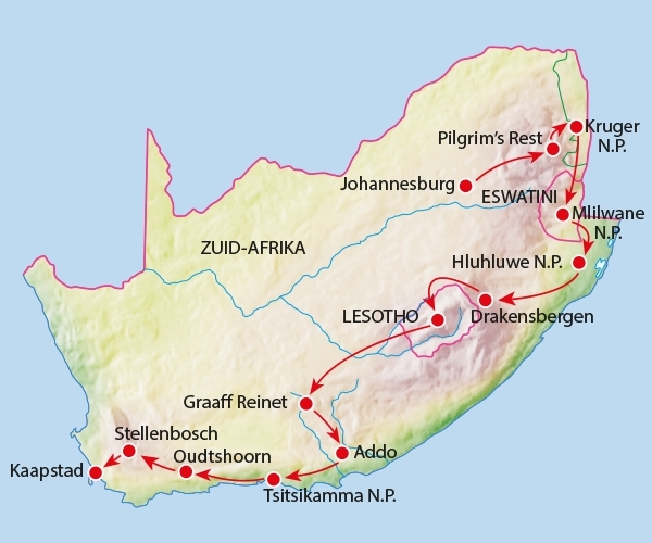 Map: Rondreis ZUID-AFRIKA, ESWATINI & LESOTHO - 23 dagen; Barbecuen tussen de 'Big Five' (Koning Aap)