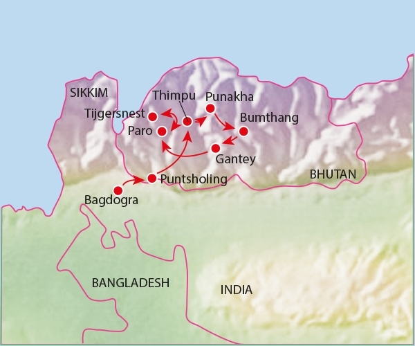 Map: Rondreis BHUTAN - 16 dagen; Land van de donderende draak (Koning Aap)