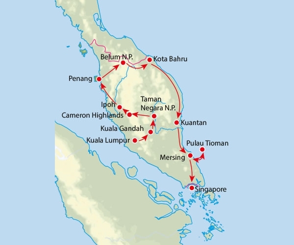 Map: Familiereis MALEISIË & SINGAPORE AVONTUUR - 22 dagen; Droomstrand, jungle en wolkenkrabbers (Koning Aap)