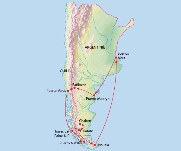 Map: Rondreis PATAGONIË - 24 dagen; Einde van de wereld (Koning Aap)