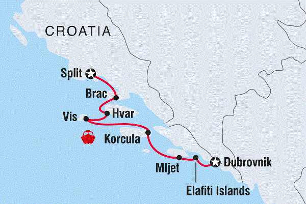 Map: Croatia Sailing Adventure: Dubrovnik to Split (Intrepid)