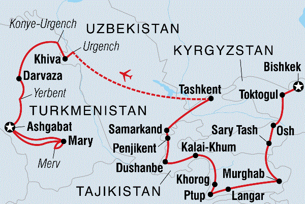 Map: Explore Kyrgyzstan to Turkmenistan (Intrepid)