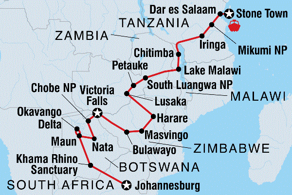 Map: Johannesburg to Zanzibar (Intrepid)