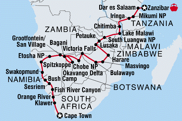 Map: Cape Town to Zanzibar (Intrepid)