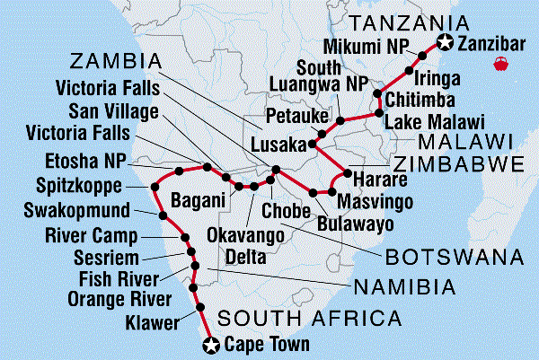 Map: Zanzibar to Cape Town (Intrepid)