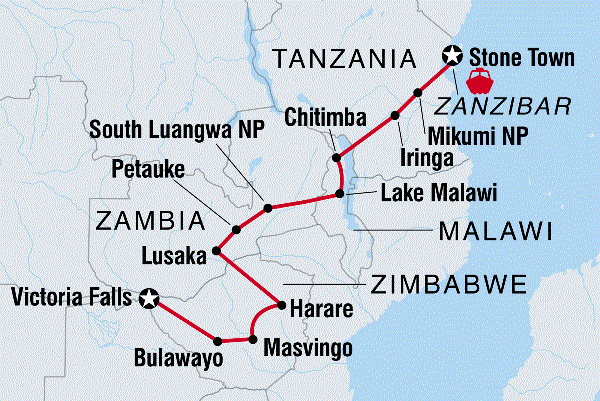 Map: Zanzibar to Vic Falls (Intrepid)