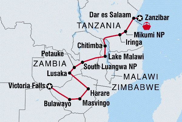 Map: Vic Falls to Zanzibar (Intrepid)