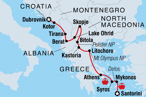 Map: Dubrovnik to Santorini (Intrepid)