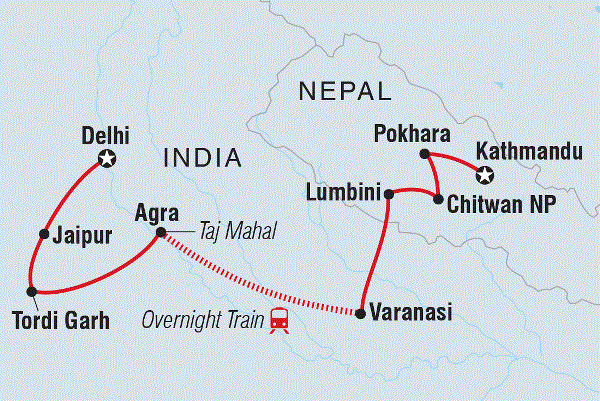 Map: Real Kathmandu to Delhi (Intrepid)
