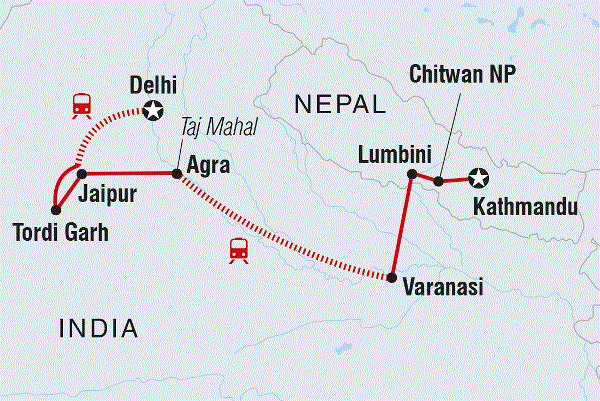 Map: Real Delhi to Kathmandu (Intrepid)
