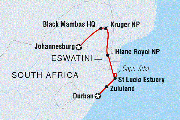 Map: Kruger & Coast (Intrepid)