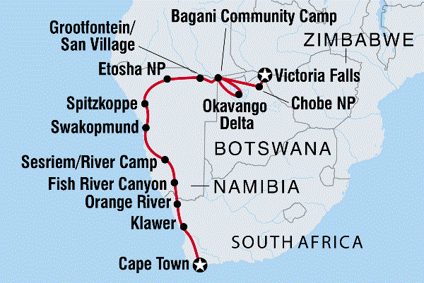 Map: Cape Town to Vic Falls (Intrepid)