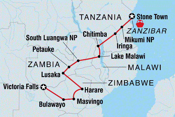 Map: Stone Town to Vic Falls (Intrepid)