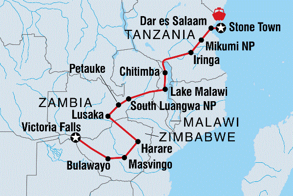 Map: Vic Falls to Stone Town (Intrepid)