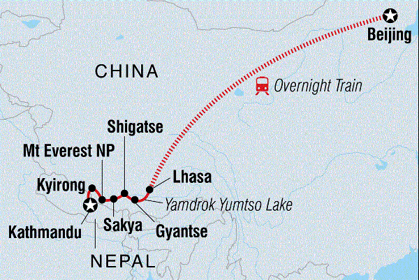 Map: Tibet: Beijing to Kathmandu Overland (Intrepid)