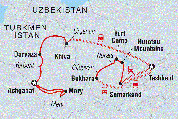 Map: Uzbekistan & Turkmenistan Adventure (Intrepid)