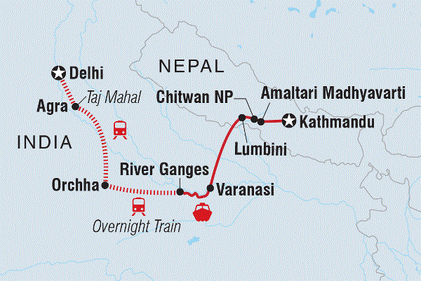Map: Delhi to Kathmandu (Intrepid)