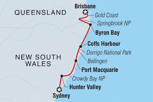 Map: Sydney to Brisbane Adventure (Intrepid)