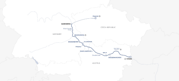 Map: Authentic Danube & Prague (2024) - Prague to Vienna (Uniworld)