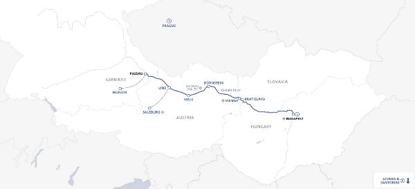 Map: Enchanting Danube (2024) - Budapest to Passau (Uniworld)