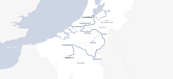 Map: Holland & Belgium at Tulip Time (2024) - Amsterdam to Brussels (Uniworld)