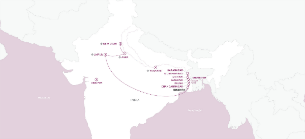 Map: India's Golden Triangle & the Sacred Ganges (2024) - New Delhi to Kolkata (Uniworld)