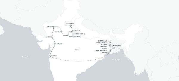 Map: Cruise & Rail: The Sacred Ganges & the Maharajas' Express (2025) - Kolkata to Mumbai (Uniworld)