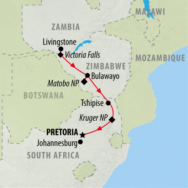 Map: Falls, Matobo & Kruger (On The Go Tours)